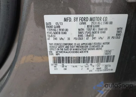 2013 Ford Edge Sel from USA, damaged, VIN 2FMDK4JC0DBC45375